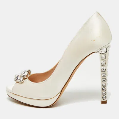 Pre-owned Miu Miu Size 39 White Satin Crystal Embellished Peep Pumps