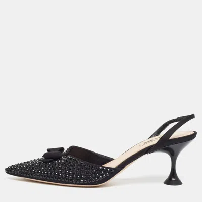 Pre-owned Miu Miu Size 39.5 Black Fabric Crystal Embellished Bow Slingback Pumps