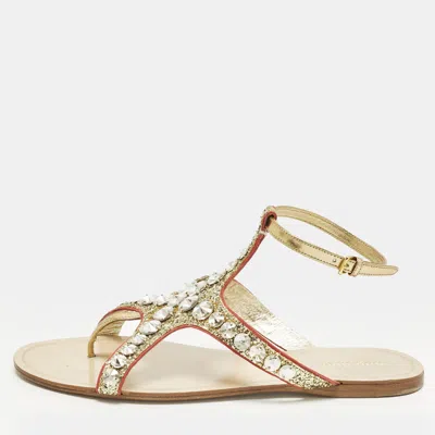 Pre-owned Miu Miu Size 39.5 Gold Leather And Glitter Crystal Embellished Ankle Strap Flat Sandals