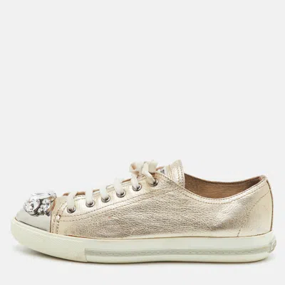 Pre-owned Miu Miu Size 39.5 Metallic Gold Leather Crystal Embellished Cap Toe Sneakers