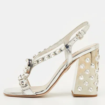 Pre-owned Miu Miu Size 39.5 Silver Patent Leather Crystal Embellished Block Heel Sandals