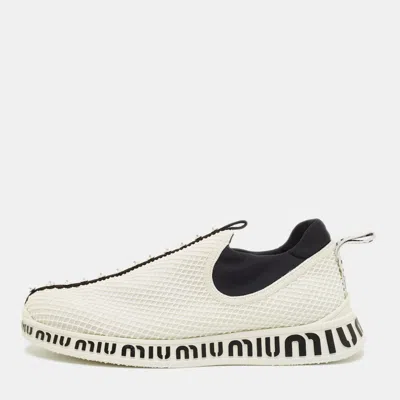 Pre-owned Miu Miu Size 39.5 White Mesh And Neoprene Crystal Embellished Slip On Sneakers
