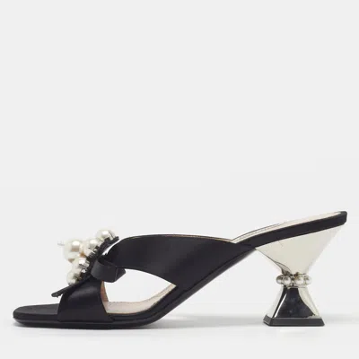 Pre-owned Miu Miu Size 40 Black Satin Pearl Embellished Criss Cross Slide Sandals