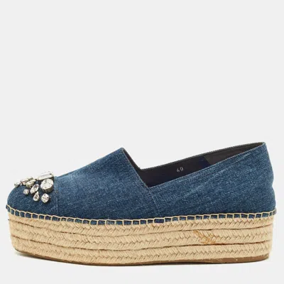 Pre-owned Miu Miu Size 40 Blue Denim Crystal Embellished Cap Toe Platform Espadrille Flats