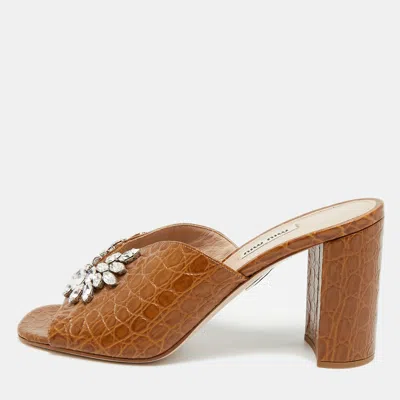 Pre-owned Miu Miu Size 40 Brown Crocodile Leather Crystal Embellished Slide Sandals