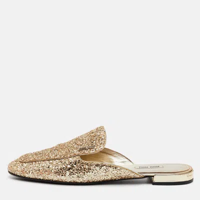 Pre-owned Miu Miu Size 40 Metallic Gold Glitter Flat Mules
