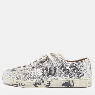 Pre-owned Miu Miu Size 40 Silver Glitter And Leather Logo Print Low Top Sneakers