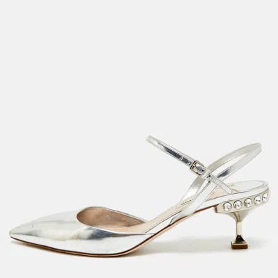 Pre-owned Miu Miu Size 40 Silver Leather Ankle Strap Pumps