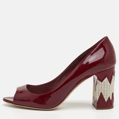 Pre-owned Miu Miu Size 40.5 Burgundy Patent Leather Peep Toe Crystal Embellished Block Heel Pumps