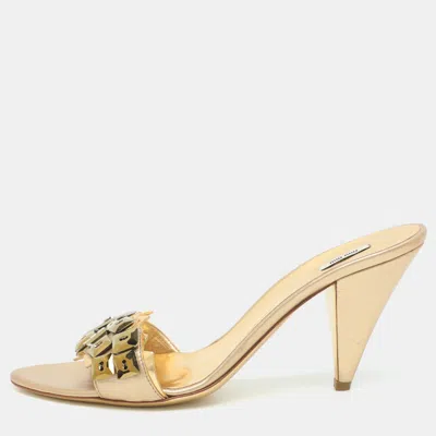 Pre-owned Miu Miu Size 40.5 Gold Gems Embellished And Leather Slide Sandals