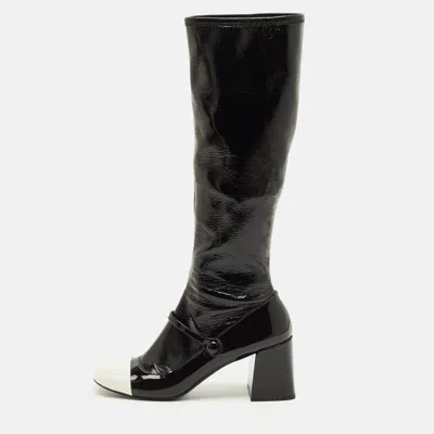 Pre-owned Miu Miu Size 41 Black/white Leather And Patent Leather Knee Length Boots