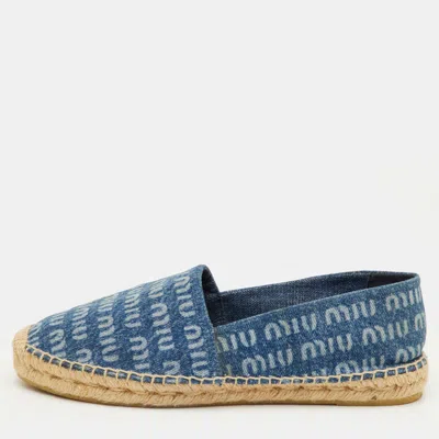 Pre-owned Miu Miu Size 41 Blue Logo Printed Denim Espadrille Flats