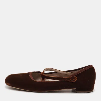 Pre-owned Miu Miu Size 41 Brown Velvet Mary Jane Ballet Flats