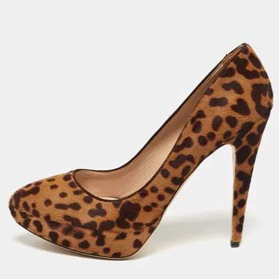 Pre-owned Miu Miu Size 41 Brown/beige Leopard Print Calf Hair Platform Pumps