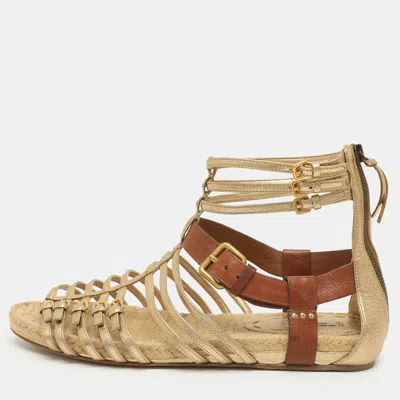 Pre-owned Miu Miu Size 41 Gold/brown Leather Gladiator Flat Sandals
