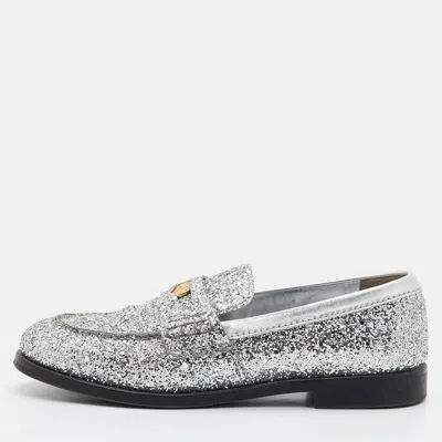 Pre-owned Miu Miu Size 41 Metallic Silver Sequins Slip On Loafers