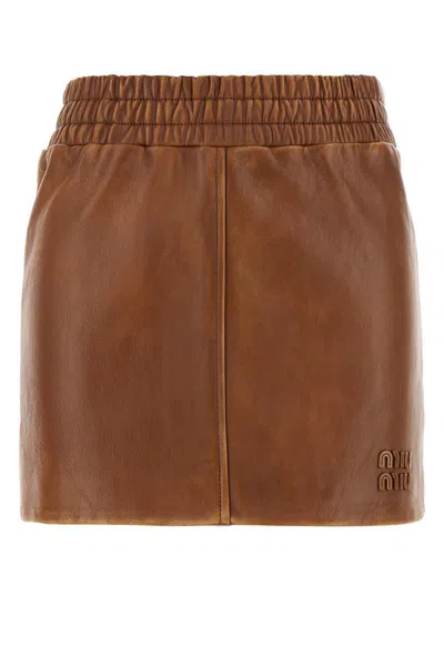 Miu Miu Leather Mini Skirt In Brown