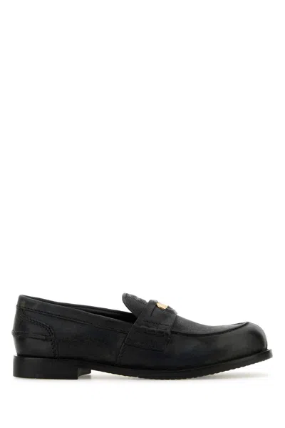 Miu Miu Round Toe Leather Loafers With Rubber Sole In Black