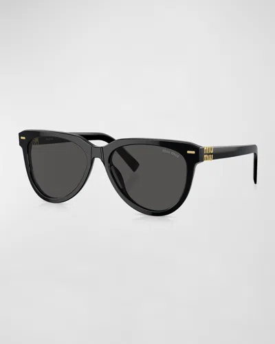 Miu Miu Sleek Acetate Round Sunglasses In Black/gray Solid