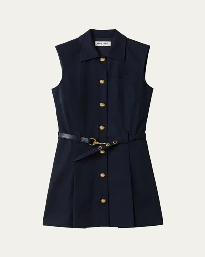 Miu Miu Poplin Mini Dress Belted Waist Sleeveless In Blue