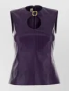 Miu Miu Sleeveless Fitted Leather Top Featuring Buckle In Purple