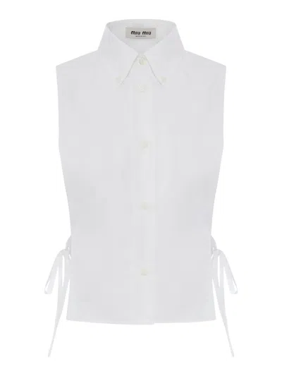 Miu Miu Sleeveless Poplin Shirt With Ribbons In White