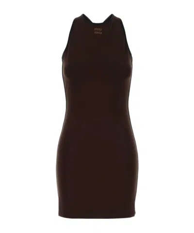 Miu Miu Sleeveless Stretched Dress In Brown