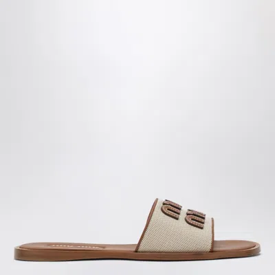 Miu Miu Slide Sandals In Canvas And Leather In Neutral