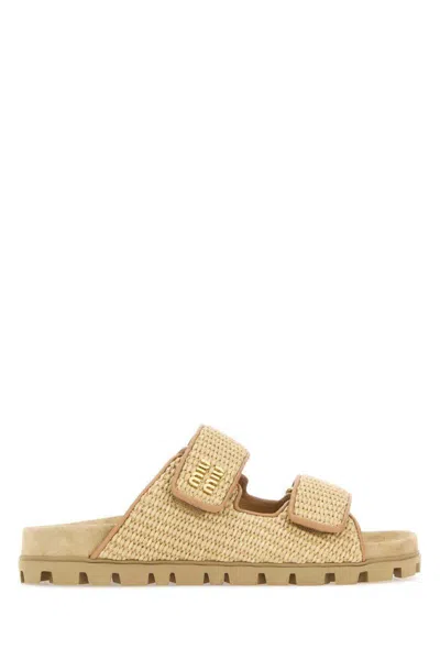 Miu Miu Raffia-effect Woven Fabric Slides In Beige