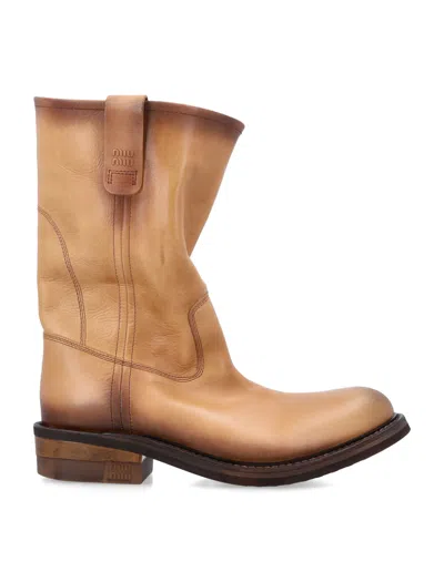 Miu Miu Slouchy Leather Booties With Unique Aged Effect - 4.5 Cm Heel In Brown