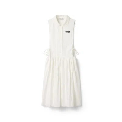Miu Miu Poplin Mini Dress Embroidered Collar Hem In White