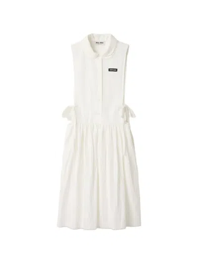 Miu Miu Poplin Mini Dress Embroidered Collar Hem In White