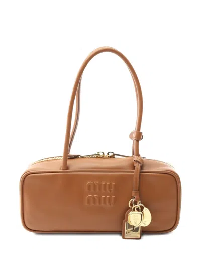 Pre-owned Miu Miu Small Bow Leather Tote Bag In Brown