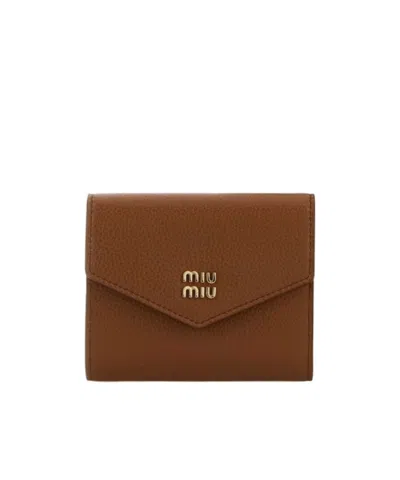 Miu Miu Small Leather Wallet In Cognac