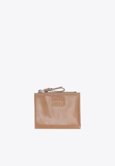 Miu Miu Small Leather Zip Wallet In Camel