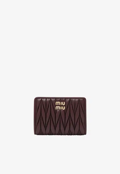 Miu Miu Small Logo Wallet In Matelassé Leather In Bordeaux