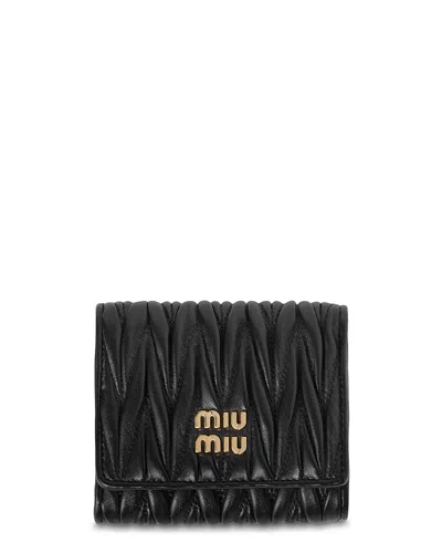 Miu Miu Small Matelasse Nappa Leather Three Fold Wallet In Black