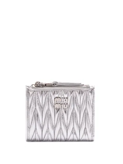 Miu Miu Small Matelassé Nappa Leather Wallet In Metallic