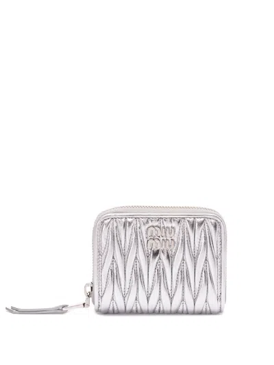 Miu Miu Small Matelassé Nappa Leather Wallet In Metallic