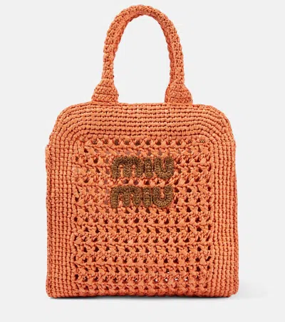 Miu Miu Small Raffia Tote Bag In Orange