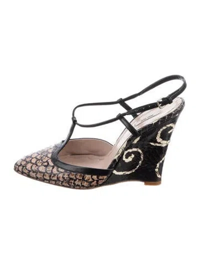 Pre-owned Miu Miu Snakeskin Animal Print T-strap Pumps In Black