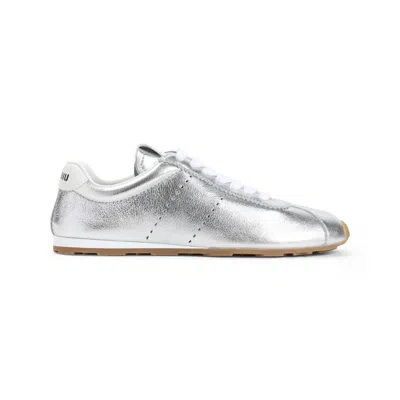 Miu Miu Metallic Leather Retro Runner Sneakers In Argento