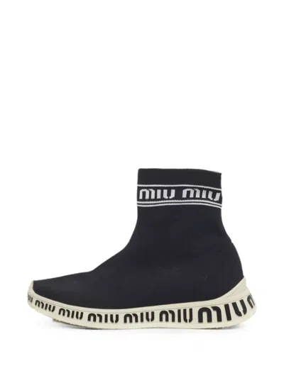 Pre-owned Miu Miu Sock-style High-top Sneakers In Black
