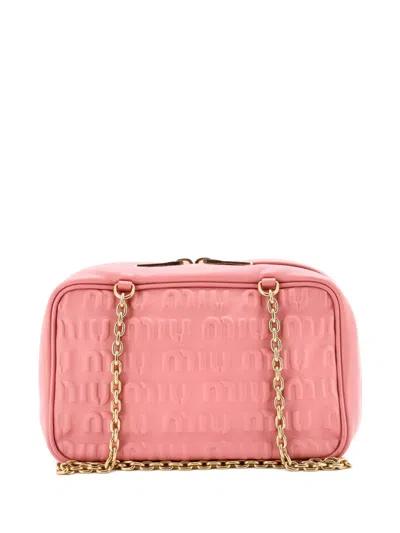Pre-owned Miu Miu Softy Chain Camera Bag Logo Embossed Leather Medium Shoulder Bag In Pink
