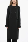 Miu Miu Solid Color Wool Double Breasted Natte' Coat In Black