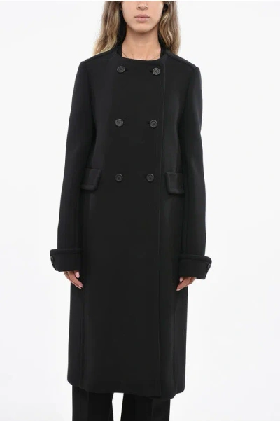 Miu Miu Solid Color Wool Double Breasted Natte' Coat In Black
