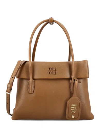 Miu Miu Natural Nappa Tote Bag Structured Top Handle In Brown