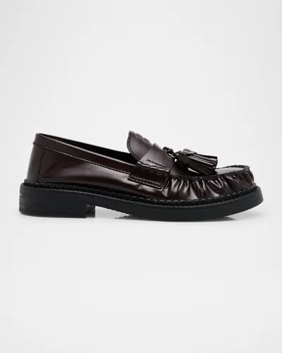 MIU MIU SPAZZOLATO LEATHER TASSEL LOAFERS