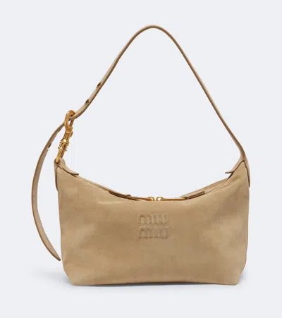 Miu Miu Spirit Suede Shoulder Bag In Beige