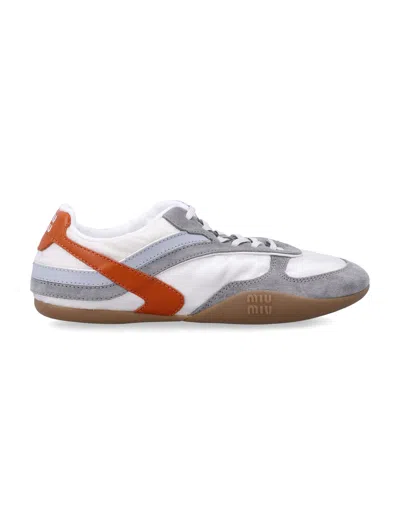 Miu Miu Sport-chic Technical Sneakers With Multicolored Stripe Bands In Gray